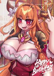 Rule 34 | 1girl, :p, alt text, blunt bangs, bow, braid, breasts, chain, chain necklace, character name, chromatic aberration, cleavage, diagonal-striped bow, dragon girl, dragon horns, dragon tail, fang, highres, hip vent, hololive, horn bow, horn ornament, horns, huge breasts, jewelry, kiryu coco, kiryu coco (1st costume), large breasts, long hair, looking at viewer, middle finger, multicolored hair, necklace, orange hair, osiimi, red eyes, side braid, single braid, solo, streaked hair, tail, thick thighs, thighs, tongue, tongue out, virtual youtuber
