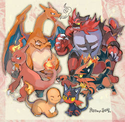 Rule 34 | blue eyes, cat, charizard, charmander, charmeleon, claws, clenched teeth, closed eyes, closed mouth, colored sclera, creatures (company), crossed arms, dragon, evolution, evolutionary line, eye contact, fang, fire, flame-tipped tail, furry, game freak, gen 1 pokemon, gen 7 pokemon, incineroar, litten, lizard, looking at another, multiple persona, nintendo, open mouth, pokemon, pokemon (creature), pokemon rgby, pokemon sm, red eyes, sharp teeth, tail, teeth, tiger, torracat, wings, yellow sclera