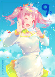 Rule 34 | 1girl, animal, anniversary, banned artist, dated, dress, hair bobbles, hair ornament, kantai collection, long sleeves, nacht (nacht 01), official alternate costume, one eye closed, open mouth, pet, pink eyes, pink hair, rabbit, sazanami (kancolle), short hair, smile, solo, twintails, twitter username, upper body, white dress