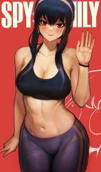 Rule 34 | 1girl, abs, absurdres, black hair, blush, breasts, cleavage, closed mouth, collarbone, copyright name, hair between eyes, hairband, hand up, highres, jewelry, large breasts, long hair, looking at viewer, medium breasts, midriff, mr tangsuyuk, navel, pants, red background, red eyes, revision, ring, simple background, smile, solo, sportswear, spy x family, sweat, waving, white hairband, yoga pants, yor briar
