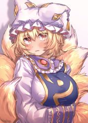 Rule 34 | 1girl, animal hat, blonde hair, blush, breasts, commentary request, dress, fox tail, frilled shirt collar, frills, gradient background, hair between eyes, hat, highres, large breasts, long sleeves, looking at viewer, masanaga (tsukasa), mob cap, multiple tails, ofuda, parted lips, purple background, shadow, short hair, solo, tabard, tail, touhou, upper body, white dress, white hat, yakumo ran, yellow eyes