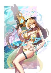 Rule 34 | 1girl, absurdres, arknights, bare arms, bare legs, bare shoulders, bikini, blonde hair, breasts, chinese commentary, cleavage, collarbone, commentary request, earrings, feet out of frame, gun, hair between eyes, hand on own hip, hand up, highres, holding, holding gun, holding weapon, horns, infection monitor (arknights), jewelry, juechen syl, large breasts, long hair, looking to the side, low-tied long hair, meteorite (arknights), nail polish, navel, open mouth, pointy ears, solo, stomach, swimsuit, thigh strap, thighs, very long hair, weapon, yellow bikini, yellow eyes