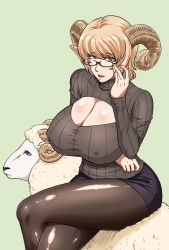 Rule 34 | 1girl, breasts, cleavage, curvy, glasses, horns, huge breasts, light smile, looking at viewer, meme attire, ml, open-chest sweater, original, pantyhose, parted lips, red eyes, ribbed sweater, sheep, sheep horns, simple background, sitting, solo, sweater, thighs, yellow background
