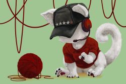 Rule 34 | animal, baseball cap, black headwear, cat, emptyb, green background, hat, headphones, mister metokur, no humans, original, real life, star (symbol), white cat, white fur, yarn