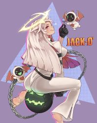 Rule 34 | 1girl, absurdres, ahoge, ass, astralgrave, ball and chain restraint, barefoot, bell-bottoms, belt, black gloves, bodysuit, breasts, candy, chain, commentary, spiked halo, food, gloves, guilty gear, guilty gear xrd, halo, highres, huge ahoge, jack-o&#039; valentine, knight servant, large breasts, lollipop, long hair, loose belt, multicolored hair, pants, pantylines, red hair, soles, solo, straight hair, toes, two-tone hair, white bodysuit, white hair