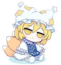 Rule 34 | 1girl, animal ears, animal hat, blonde hair, blue tabard, character doll, fox ears, fox tail, fumo (doll), hat, highres, mob cap, multiple tails, rei (tonbo0430), simple background, solo, tabard, tail, touhou, white background, yakumo ran