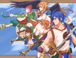Rule 34 | 3girls, 5boys, bandana, black wings, blue background, blue eyes, blue hair, bow (breath of fire), bow (weapon), breath of fire, breath of fire ii, brown eyes, brown gloves, capcom, clenched hand, crossbow, ekaru hoppe de pe tapeta, feathered wings, fingerless gloves, frog, gloves, green eyes, highres, holding, holding sword, holding weapon, kirikuraria, knife, monkey, multiple boys, multiple girls, nina (breath of fire ii), outdoors, pink hair, ponytail, rand marks, rinpoo chuan, ryuu (breath of fire ii), sky, sleeveless, spar, staff, standing, sten legacy, sword, tail, weapon, whip, wings