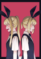 Rule 34 | absurdres, alternate costume, back-to-back, black border, black bow, black bowtie, black ribbon, black vest, blonde hair, blush, border, bow, bowtie, collared shirt, earpiece, fake tail, from side, hachi (this communication), hair ribbon, highres, lone nape hair, long hair, looking ahead, nana (this communication), nishi no chigo, open mouth, outside border, ponytail, profile, rabbit tail, red background, ribbon, shirt, short hair, short ponytail, short sleeves, siblings, sidelocks, sisters, standing, tail, this communication, upper body, vest, waitress, white shirt, yellow eyes