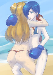 2girls beach bikini blue_eyes blue_hair boxing boxing_gloves breasts brown_hair catfight difman grapple medium_breasts multiple_girls original side-tie_bikini_bottom sweat swimsuit tagme