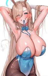 Rule 34 | 1girl, absurdres, arms up, asuna (blue archive), asuna (bunny) (blue archive), blonde hair, blue archive, blue eyes, blush, bow, bowtie, breasts, cleavage, commentary request, gloves, halo, highres, huge breasts, leotard, long hair, mole, mole on breast, mouth hold, official alternate costume, one eye covered, pantyhose, playboy bunny, ribbon, ribbon in mouth, shiny skin, sideboob, smile, solo, thighband pantyhose, yayoi maka