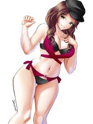 Rule 34 | 1girl, bikini, black bikini, black hat, breasts, brown hair, cabbie hat, cleavage, dorothea arnault, fire emblem, fire emblem: three houses, green eyes, grin, hand on own chest, hat, highres, jackary, large breasts, long hair, navel, nintendo, signature, simple background, smile, solo, swimsuit, white background