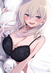 Rule 34 | 1girl, bed sheet, black bra, blonde hair, blush, bra, breasts, cleavage, commentary request, gyaru, hair between eyes, heart, heart-shaped pupils, highres, kogal, large breasts, long hair, looking at viewer, lying, on bed, on side, open mouth, original, pillow, purple eyes, sidelocks, signature, smile, solo, stuffed animal, stuffed rabbit, stuffed toy, symbol-shaped pupils, underwear, upper body, yuzuki himuka