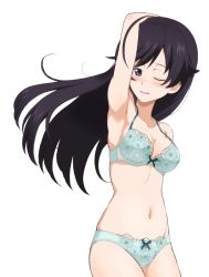 Rule 34 | 1girl, armpits, black hair, blue bra, blue eyes, blue panties, blush, bra, breasts, cleavage, collarbone, commission, frilled panties, frills, girls und panzer, highres, isuzu hana, kayabakoro, lingerie, long hair, looking at viewer, medium breasts, navel, one eye closed, open mouth, panties, pixiv commission, presenting armpit, simple background, solo, underwear, white background