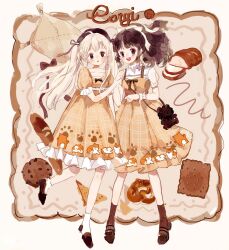 Rule 34 | 2girls, ahoge, animal bag, animal print, ankle socks, bag, baguette, blonde hair, blush stickers, border, bow, bowtie, bread, brown background, brown bag, brown bow, brown bowtie, brown eyes, brown footwear, brown hair, brown headwear, brown ribbon, brown socks, chocolate chip cookie, collarbone, collared shirt, commentary, cookie, dog print, dress, empty eyes, english commentary, english text, eyeshadow, food, frilled dress, frilled shirt collar, frilled sleeves, frilled wrist cuffs, frills, full body, hair bow, hair ribbon, hat, high collar, high heels, highres, holding another&#039;s wrist, leg up, lolita fashion, long hair, looking at another, makeup, multiple girls, open mouth, orange dress, original, paw print, paw print pattern, pillow, pink eyeshadow, ponytail, pretzel, puffy short sleeves, puffy sleeves, putong xiao gou, ribbon, see-through, see-through sleeves, shirt, short sleeves, shoulder bag, single wrist cuff, sleeveless, sleeveless dress, smile, socks, striped clothes, striped socks, teeth, twintails, upper teeth only, vertical-striped clothes, vertical-striped socks, wavy hair, welsh corgi, white border, white bow, white shirt, white socks, white wrist cuffs, wrist cuffs