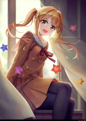 Rule 34 | 1girl, :d, bang dream!, black pantyhose, blonde hair, breasts, brown eyes, buttons, commentary request, crossed legs, curtains, feet out of frame, floating hair, hair ornament, hair tie, hanasakigawa school uniform, highres, ichigaya arisa, indoors, kin toki, lens flare, long sleeves, looking at viewer, medium breasts, neck ribbon, open mouth, pantyhose, red ribbon, ribbon, sailor collar, school uniform, serafuku, sidelocks, sitting, smile, solo, star (symbol), twintails, white sailor collar, window, x hair ornament