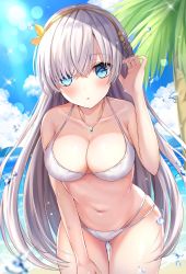 Rule 34 | 1girl, anastasia (fate), bad id, bad twitter id, bare shoulders, beach, bikini, blue eyes, breasts, cleavage, collarbone, cowboy shot, day, fate/grand order, fate (series), hairband, halterneck, hand on own thigh, hand up, highres, jewelry, large breasts, long hair, looking at viewer, multi-strapped bikini, navel, necklace, outdoors, palm tree, parted lips, parum39, silver hair, solo, standing, stomach, string bikini, sunlight, swimsuit, thigh gap, thighs, tree, very long hair, water, water drop, white bikini