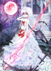 Rule 34 | 1girl, bare arms, bare shoulders, bat (animal), bat wings, blood, blood on clothes, bloody dress, blood on hands, bridal veil, chain, dress, full moon, highres, hoshibuchi, looking at viewer, moon, red eyes, red moon, remilia scarlet, scarlet devil mansion, silver hair, sky, solo, spear the gungnir, strapless, strapless dress, touhou, veil, wedding dress, white dress, wings