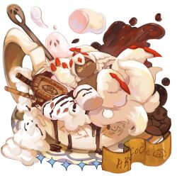 Rule 34 | 1girl, absurdres, animal ears, arms up, body fur, bulong144, chocolate, claws, colored eyelashes, cup, dark-skinned female, dark skin, dripping, faputa, fewer digits, food, food focus, full body, highres, horns, ice cream, in container, in cup, looking up, made in abyss, marshmallow, mini person, minigirl, monster girl, multiple horns, multiple tails, red horns, saucer, short hair, simple background, solo, squinting, sundae, tail, teacup, uneven eyes, wafer, wafer stick, white background, white fur, white hair, yellow eyes