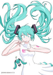 Rule 34 | 1girl, absurdres, aqua hair, chibi, collarbone, dress, hatsune miku, highres, kawai shingo, long hair, miku day, number tattoo, shoulder tattoo, simple background, spring onion, tattoo, twintails, vocaloid, white background, white dress