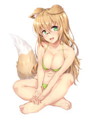 Rule 34 | 1girl, :d, animal ear fluff, animal ears, bare arms, bare legs, bare shoulders, barefoot, bikini, blush, breasts, cleavage, collarbone, commentary request, dog ears, dog girl, dog tail, fingernails, full body, glasses, green bikini, green eyes, hair between eyes, halterneck, head tilt, light brown hair, long hair, looking at viewer, medium breasts, nakatokung, navel, open mouth, original, simple background, sitting, smile, solo, swimsuit, tail, toenails, very long hair, white background