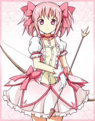 Rule 34 | 10s, 1girl, arrow (projectile), bad id, bad pixiv id, blush, bow (weapon), bubble skirt, choker, gloves, heart, heart-shaped pupils, jewelry, kaname madoka, karamoneeze, magical girl, mahou shoujo madoka magica, mahou shoujo madoka magica (anime), pendant, pink eyes, pink hair, puffy sleeves, serious, short hair, short twintails, skirt, solo, symbol-shaped pupils, twintails, weapon