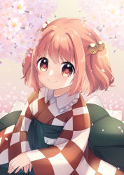 Rule 34 | 1girl, bell, breasts, checkered clothes, checkered kimono, cleavage, closed mouth, commentary request, flower, green sash, green skirt, hair bell, hair ornament, happy, highres, japanese clothes, jingle bell, kimono, long sleeves, medium breasts, motoori kosuzu, orange eyes, orange hair, pink flower, red kimono, sash, sen1986, skirt, smile, solo, touhou, twintails, two side up, white kimono, wide sleeves