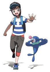 Rule 34 | 1boy, arm up, backpack, bad id, bad pixiv id, bag, black hat, black pants, blue footwear, blue shirt, clenched hand, closed eyes, creatures (company), elio (pokemon), full body, game freak, gen 7 pokemon, grey eyes, grey hair, happy, hat, highres, jumping, looking down, male focus, matching hair/eyes, nintendo, open mouth, pants, pokemon, pokemon (creature), pokemon sm, popplio, running, shirt, shoes, short hair, short sleeves, simple background, smile, striped clothes, striped shirt, swept bangs, teeth, tellzeta, white background, wristband