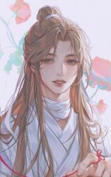 Rule 34 | 1boy, androgynous, bandaged neck, bandages, bishounen, chinese clothes, cjsrhkstkqhr123, commentary, eyelashes, fingernails, floral background, flower, hair ornament, hair ribbon, half updo, hanfu, korean commentary, light brown hair, long eyelashes, long hair, looking to the side, male focus, parted bangs, parted lips, ribbon, robe, string, string around finger, string of fate, tianguan cifu, very long hair, white background, white ribbon, xie lian