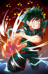 Rule 34 | 10s, 1boy, absurdres, belt, bodysuit, boku no hero academia, boots, bruise, bruise on face, burnt, clenched teeth, commentary, electricity, full body, green bodysuit, green eyes, green hair, green pants, highres, hood, hooded bodysuit, incoming attack, injury, looking at viewer, magister, male focus, mask, unworn mask, midoriya izuku, pants, red footwear, sanpaku, solo focus, sparks, tears, teeth, torn clothes, wide-eyed