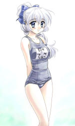Rule 34 | 00s, 1girl, arms behind back, blue one-piece swimsuit, bow, braid, braided ponytail, character name, cowboy shot, french braid, full metal panic!, gradient background, grey eyes, hair between eyes, hair bow, legs together, long hair, masakichi (crossroad), name tag, one-piece swimsuit, school swimsuit, silver hair, simple background, smile, solo, standing, swimsuit, teletha testarossa, white background