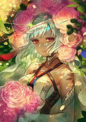 Rule 34 | 10s, 1girl, altera (fate), bikini, bikini top only, blue ribbon, blurry, blurry background, bouquet, breasts, choker, dappled sunlight, dark skin, dark-skinned female, day, elbow gloves, fate/extra, fate/extra ccc, fate/grand order, fate (series), flower, gloves, highres, holding, holding bouquet, leaf, light particles, light smile, looking at viewer, medium breasts, petals, pink flower, pink rose, plant, red eyes, red ribbon, ribbon, rose, short hair, smile, solo, sunlight, swimsuit, tattoo, terai (teraimorimori), veil, white bikini, white gloves, white hair