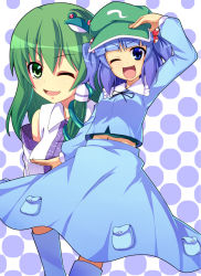 Rule 34 | &gt;;d, 2girls, ;d, adjusting clothes, adjusting headwear, arm up, bare shoulders, detached sleeves, frog hair ornament, hair bobbles, hair ornament, hair tubes, hat, kawashiro nitori, kochiya sanae, looking at viewer, multiple girls, navel, one eye closed, open mouth, pocket, saemon (tonpura), skirt, skirt set, smile, snake hair ornament, touhou, twintails, two side up, v-shaped eyebrows