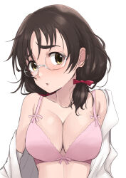 Rule 34 | 1girl, absurdres, asano fuka, black hair, bra, breasts, cleavage, collarbone, glasses, hair ribbon, highres, idolmaster, idolmaster cinderella girls, idolmaster cinderella girls starlight stage, large breasts, long sleeves, looking at viewer, low twintails, midriff, moyashi tomozuku, off shoulder, parted lips, pink bra, red ribbon, ribbon, shirt, short hair, simple background, solo, twintails, underwear, white background, white shirt