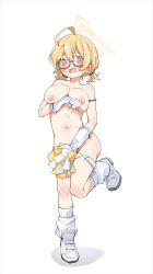 Rule 34 | 1girl, absurdres, ahoge, arm under breasts, blonde hair, blue archive, blush, braid, breast hold, breasts, cheerleader, commentary request, covering privates, covering crotch, glasses, gloves, halo, highres, holding, holding pom poms, kotori (blue archive), kotori (cheer squad) (blue archive), large breasts, looking at viewer, loose socks, navel, nipples, nude, official alternate costume, open mouth, pom pom (cheerleading), pom poms, rarigo, red eyes, shoes, short hair, simple background, socks, solo, standing, standing on one leg, stomach, sweat, teardrop-framed glasses, thigh strap, twintails, white background, white footwear, yellow halo