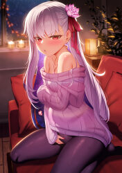 Rule 34 | 1girl, bad tag, bare shoulders, blush, earrings, fate/grand order, fate (series), flower, hair flower, hair ornament, hair ribbon, jewelry, kama (fate), long hair, looking at viewer, m-da s-tarou, off-shoulder sweater, off shoulder, pantyhose, pregnant, purple sweater, red eyes, ribbon, sitting, solo, sweater, tagme, white hair