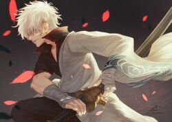 Rule 34 | 1boy, bandaged hand, bandages, closed mouth, drawing sword, fadingz, from side, gintama, grey background, hadanugi dousa, hair over one eye, holding, holding sword, holding weapon, japanese clothes, kimono, male focus, open kimono, petals, sakata gintoki, short hair, signature, solo, sword, weapon, white hair, wide sleeves