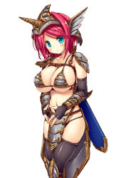 Rule 34 | 1girl, 2-g, aqua eyes, armor, bikini armor, black gloves, black thighhighs, blush, breasts, buckle, cleavage, elbow gloves, faulds, fingerless gloves, gloves, gold trim, headpiece, knee pads, large breasts, original, pauldrons, red hair, sheath, short hair, shoulder armor, simple background, smile, solo, standing, strap, thighhighs, vambraces, white background