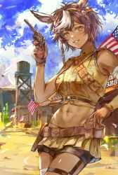 Rule 34 | 1girl, absurdres, american flag, belt, blue sky, breasts, brown belt, brown eyes, brown gloves, brown hair, cactus, cloud, cloudy sky, commission, cropped shirt, gloves, gun, handgun, highres, hoja (hoja1214), holding, holding gun, holding weapon, holster, indie virtual youtuber, looking at viewer, medium breasts, medium hair, multicolored hair, navel, outdoors, pleated skirt, revolver, second-party source, shorts, shorts under skirt, silo, skeb commission, skirt, sky, sleeveless, smile, solo, teeth, tomoe umari, virtual youtuber, weapon, white hair, yellow skirt