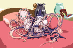 Rule 34 | 2girls, amputee, bad id, bed, blush, blush stickers, branzent, breasts, drooling, gaping, goggles, goggles on head, green eyes, long hair, merging bodies, multiple girls, nipples, on bed, open mouth, original, pink hair, pointy ears, pussy, quadruple amputee, rape, saliva, smile, spread pussy, sweatdrop, teardrop, very long hair