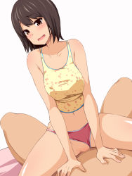 Rule 34 | 1boy, 1girl, bare shoulders, black hair, blush, breasts, brown eyes, censored, clothed female nude male, clothing aside, cowgirl position, eve (artist), girl on top, highres, large breasts, legs, looking down, lying, midriff, navel, nude, open mouth, panties, panties aside, pussy, sex, short hair, simple background, sitting, sitting on person, straddling, thighs, underwear, vaginal, white background