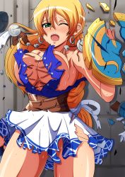 Rule 34 | 1girl, aokura shou, armor, blonde hair, breasts, broken armor, cleavage, defeat, green eyes, highres, large breasts, long hair, one eye closed, shield, skirt, solo, sophitia alexandra, soul calibur, sweat, thighs, torn clothes, wince