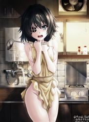 Rule 34 | 1girl, absurdres, apron, areola slip, artist name, black hair, breasts, cowboy shot, dated, eyepatch, fang, green eyes, groin, hair between eyes, highres, holding, holding ladle, kantai collection, kiso (kancolle), ladle, legs together, medium breasts, naked apron, nipples, pot, short hair, solo, stove, twitter username, yaegashi (muzzuleflash), yellow apron