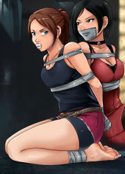 Rule 34 | 2girls, barefoot, bike shorts, black hair, black tank top, blue eyes, bound, bound ankles, bound torso, bound wrists, breasts, brown eyes, brown hair, capcom, choker, claire redfield, cleavage, cloth gag, dress, earrings, feet, gag, gagged, highres, improvised gag, jewelry, legs, lost one zero, medium breasts, mouth stuffed, multiple girls, necklace, red dress, resident evil, resident evil 2, seiza, shirt, shorts, sitting, sleeveless, sleeveless shirt, tank top, tape, tape gag, thighs