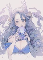 Rule 34 | 1girl, absurdres, bandages, bandaged arm, bandages, blue eyes, blue hair, breasts, cleavage, closed mouth, hair ornament, hair wings, highres, holding, holding skull, japanese clothes, kaguya (sinoalice), kimono, large breasts, long hair, looking at viewer, senryoko, simple background, sinoalice, sketch, skull, smile, smoke, solo, white background