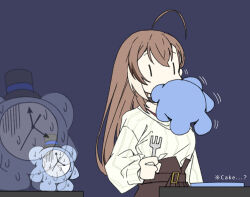 Rule 34 | 1girl, ahoge, alarm clock, belt, blue background, brown hair, clock, commentary, eating, english commentary, fork, hat, hololive, hololive english, kronie (ouro kronii), long hair, long sleeves, multicolored hair, nanashi mumei, nanashi mumei (casual), nervous, plate, scared, simple background, streaked hair, sweater, table, taka t, top hat, virtual youtuber