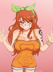 Rule 34 | absurdres, breasts, bright pupils, hair ribbon, highres, large breasts, long hair, looking at viewer, lord guyis, nami (one piece), no bra, one piece, one piece: stampede, orange eyes, orange hair, overall shorts, overalls, pink background, ribbon, simple background, smile, tattoo