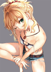 Rule 34 | 1girl, bare shoulders, barefoot, belt, blonde hair, breasts, cleavage, commentary request, cutoffs, denim, denim shorts, fate/apocrypha, fate (series), feet, green eyes, grey background, hands on feet, jewelry, lips, long hair, looking at viewer, medium breasts, midriff, mordred (fate), mordred (fate/apocrypha), mordred (memories at trifas) (fate), navel, one eye closed, pendant, ponytail, short shorts, shorts, simple background, sitting, solo, strap slip, utu, v arms
