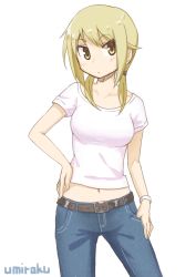 Rule 34 | 1girl, belt, blonde hair, blush, bracelet, breasts, brown eyes, closed mouth, collarbone, cowboy shot, denim, dot nose, hand on own hip, ichii yui, jeans, jewelry, large breasts, looking at viewer, medium hair, midriff, navel, pants, shirt, short sleeves, signature, simple background, solo, standing, thumb in pocket, umiroku, white background, white shirt, yuyushiki