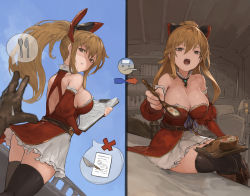 Rule 34 | 1girl, black thighhighs, blurry, blurry foreground, boots, bow, breasts, brown eyes, brown hair, cleavage, clipboard, commission, depth of field, detached collar, detached sleeves, dress, feeding, granblue fantasy, hair between eyes, hair bow, highres, indoors, knee boots, large breasts, long hair, multiple views, n9+, on bed, open mouth, outdoors, ponytail, sideboob, sidelocks, sitting, skeb commission, solo focus, spoon, strapless, strapless dress, thighhighs, vira (granblue fantasy)