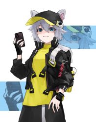 Rule 34 | 1girl, animal ears, arknights, backpack, bag, baseball cap, black gloves, black hat, black jacket, black skirt, cellphone, click (arknights), commentary, cowboy shot, ears through headwear, fingerless gloves, gloves, grey hair, hair between eyes, hat, highres, holding, holding phone, jacket, looking at viewer, mouse ears, open clothes, open jacket, phone, shaded face, shirt, short hair, simple background, skirt, smartphone, solo, white background, white bag, wristband, yellow shirt, zrz zzz